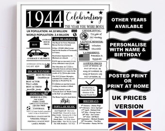 1944 the year you were born print gift UK version personalised options available birthday gift 80TH BIRTHDAY