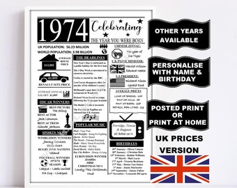 1974 the year you were born print gift UK version personalised options available birthday gift 50TH BIRTHDAY