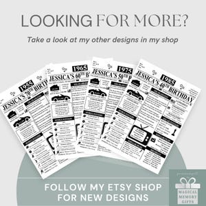 May include: Black and white prints with text, including the years 1955, 1965, 1975, and 1985, with headlines, average car prices, and sports winners. The prints are titled "Jessica's Birthday". The image also includes the text "Looking for more?" and "Follow my Etsy shop".