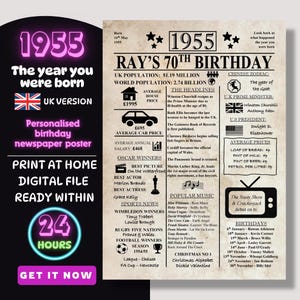 Manifesto di giornale del compleanno del 1955 - Regalo per il 70° compleanno - Stile vintage - Regalo personalizzato - Download digitale dell'anno in cui sei nato nel Regno Unito