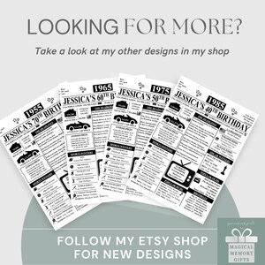 Puede incluir: Impresiones en blanco y negro con texto, incluyendo los a&ntilde;os 1955, 1965, 1975 y 1985, con titulares, precios medios de coches y ganadores deportivos. Las impresiones se titulan "Cumplea&ntilde;os de Jessica". La imagen tambi&eacute;n incluye el texto "Looking for more?" y "Follow my Etsy shop".