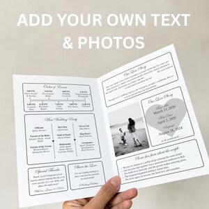 May include: A wedding program with a cream-colored background, featuring sections for the order of events, wedding party details, and a couple's love story. The program includes a photo of a couple and text that says "Add Your Own Text & Photos."
