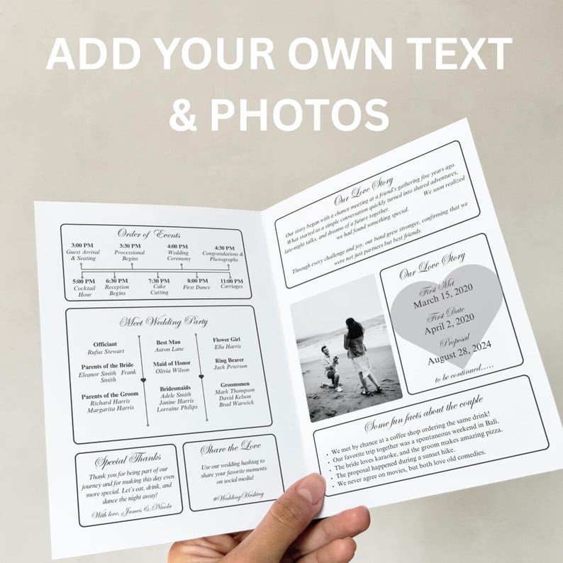 May include: A wedding program with a cream-colored background, featuring sections for the order of events, wedding party details, and a couple's love story. The program includes a photo of a couple and text that says "Add Your Own Text & Photos."