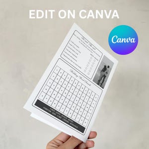 May include: A white wedding game sheet with a word search and a checklist. The sheet includes the text "He said, She said" and "Wedding Word Search". A Canva logo is in the upper right corner.