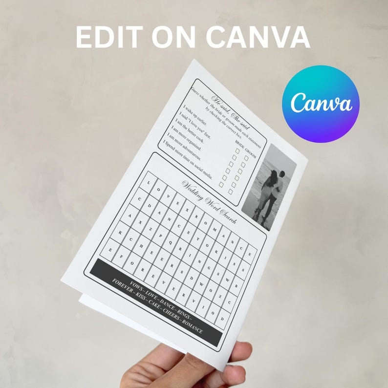 May include: A white wedding game sheet with a word search and a checklist. The sheet includes the text "He said, She said" and "Wedding Word Search". A Canva logo is in the upper right corner.