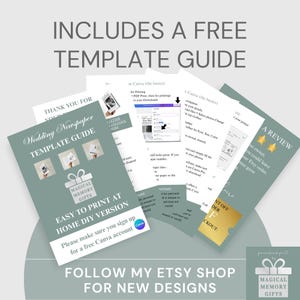 May include: A collection of printed guides and documents, including a "Wedding Newspaper Template Guide" and instructions for use. The text includes "Includes a Free Template Guide" and "Easy to Print at Home DIY Version."