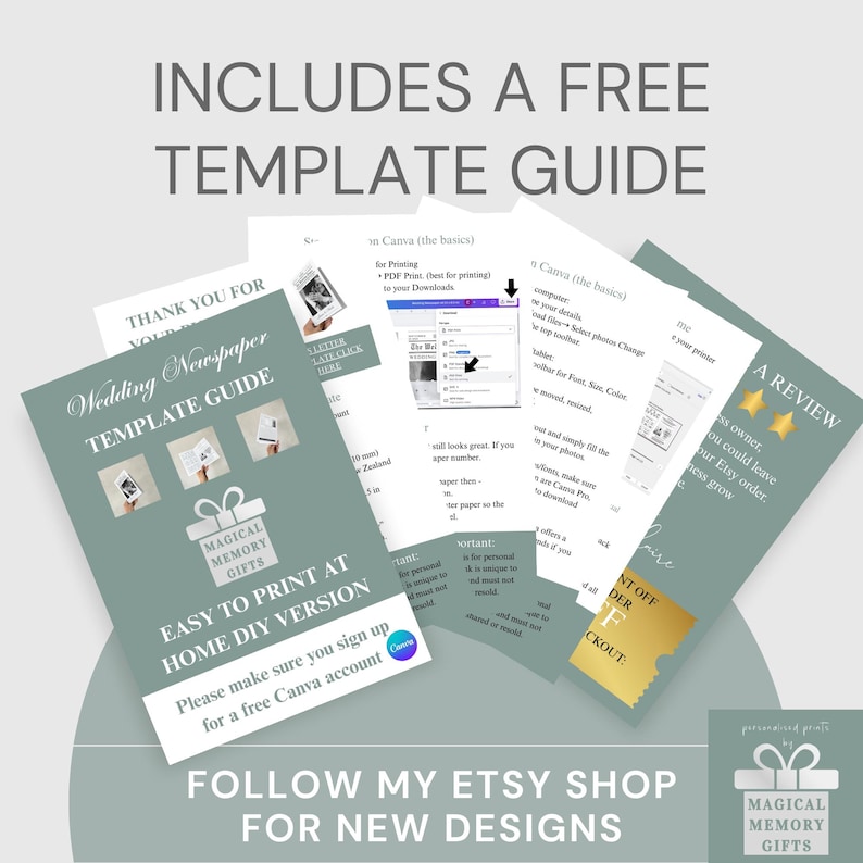 May include: A collection of printed guides and documents, including a "Wedding Newspaper Template Guide" and instructions for use. The text includes "Includes a Free Template Guide" and "Easy to Print at Home DIY Version."
