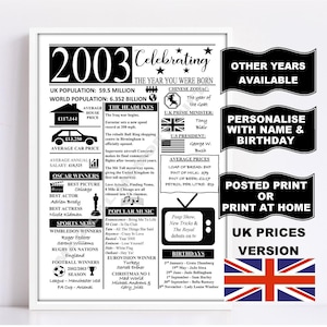 2003 the year you were born print gift UK version personalised options available birthday gift 21ST BIRTHDAY