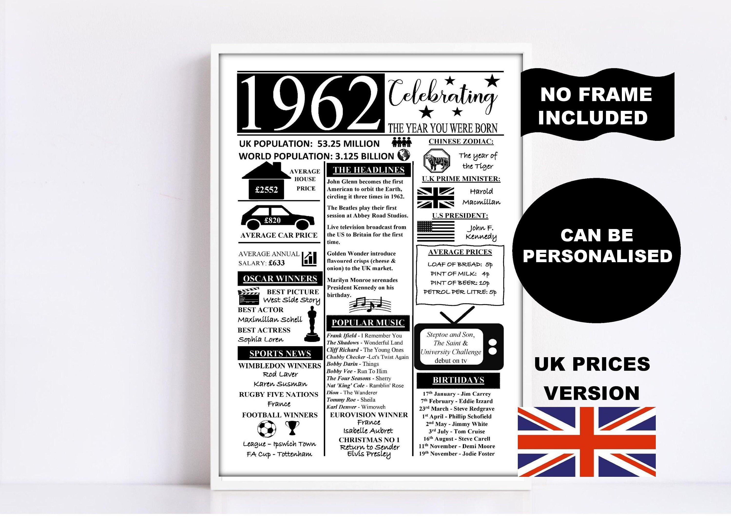 1962, l'année de votre naissance cadeau imprimé version britannique options  personnalisées cadeau d'anniversaire