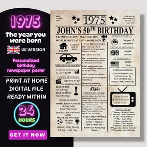 1975 Birthday Newspaper Print Poster – 50th Birthday Gift – Vintage style - Personalised gift - The Year You Were Born UK Digital Download