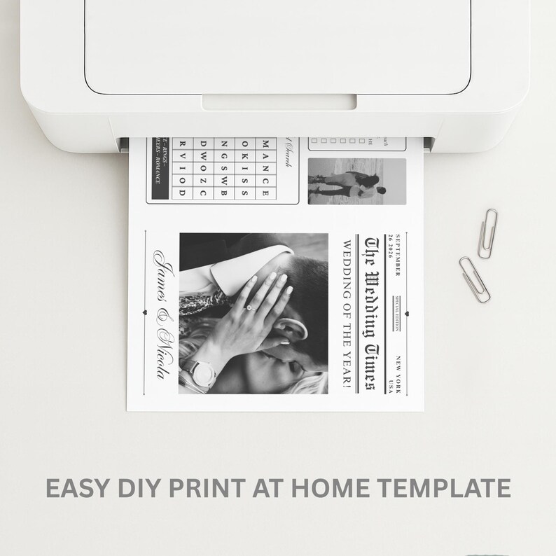 May include: A black and white wedding newspaper template is being printed from a white printer. The newspaper features the headline "The Wedding Times" and a photo of a couple. The text "James & Nicola" is also visible.