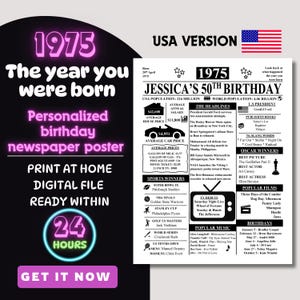 1975 50th personalized birthday newspaper style poster printable digital file 50 birthday gift / party decor USA News and facts