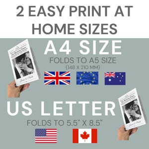 May include: Image shows two print sizes: A4 and US Letter. A4 folds to A5 size (148 x 210 mm), and US Letter folds to 5.5" x 8.5". The image includes flags of the UK, EU, Australia, USA, and Canada. The text reads "2 EASY PRINT AT HOME SIZES".