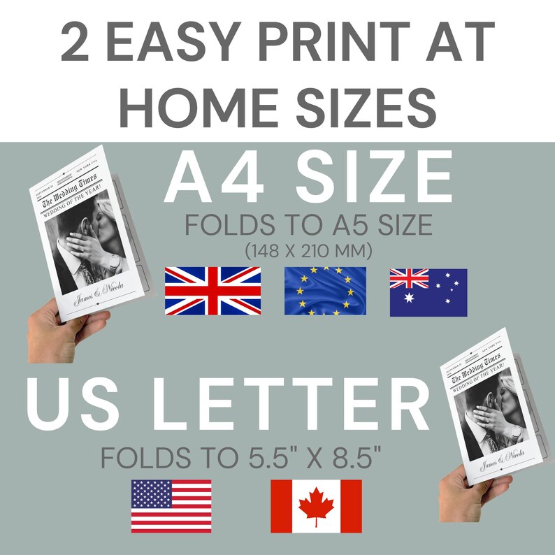 May include: Image shows two print sizes: A4 and US Letter. A4 folds to A5 size (148 x 210 mm), and US Letter folds to 5.5" x 8.5". The image includes flags of the UK, EU, Australia, USA, and Canada. The text reads "2 EASY PRINT AT HOME SIZES".
