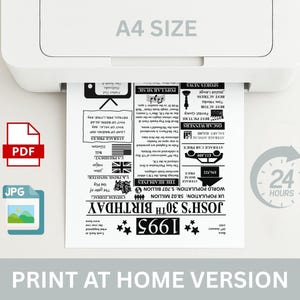 May include: A4 size printout from a printer, featuring a 'Josh's 30th Birthday' design with facts from 1995. Includes headlines, average prices, and Oscar winners. The image also shows PDF and JPG icons, and a 24-hour clock icon.