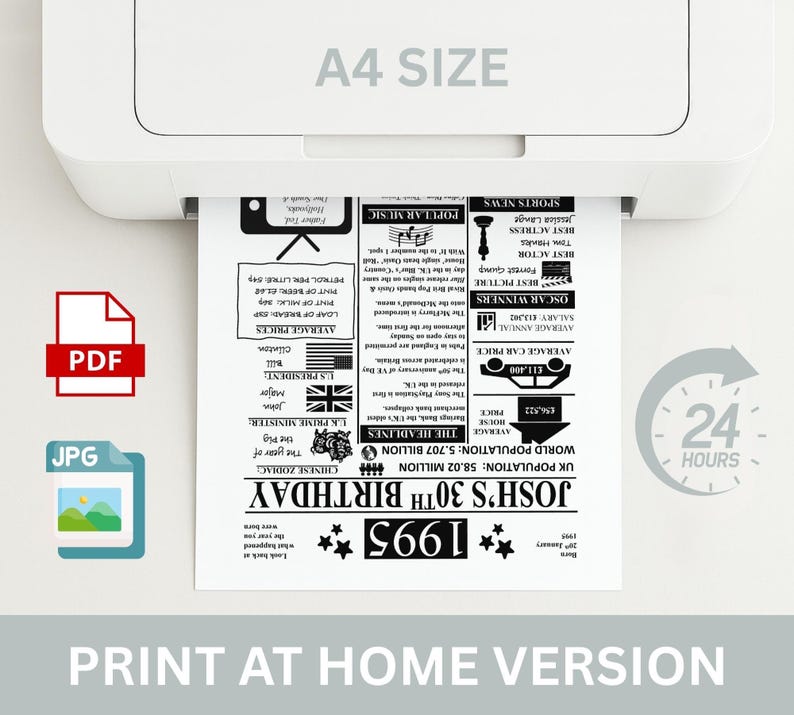 May include: A4 size printout from a printer, featuring a 'Josh's 30th Birthday' design with facts from 1995. Includes headlines, average prices, and Oscar winners. The image also shows PDF and JPG icons, and a 24-hour clock icon.