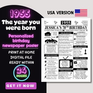 1955 70歳の誕生日パーソナライズされた新聞スタイルのポスター印刷可能なデジタルファイル70歳の誕生日プレゼント/パーティーの装飾米国のニュースと事実