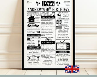 60th Birthday Gift | Personalised Present | Birthday Newspaper Poster | 1966 For Him & Her