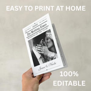 May include: A black and white wedding newspaper with the headline "The Wedding Times" and the text "Wedding of the Year!" The newspaper features a photo of a couple kissing. The text "James & Nicola" is also visible. The text "EASY TO PRINT AT HOME" and "100% EDITABLE" are also visible.
