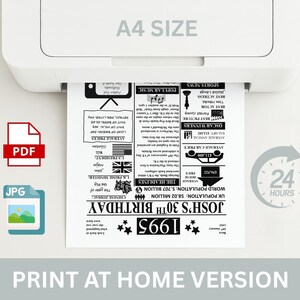 Puede incluir: Impresi&oacute;n A4 de una impresora, con un dise&ntilde;o en blanco y negro. La impresi&oacute;n incluye el texto "30 cumplea&ntilde;os de Josh 1995" y otra informaci&oacute;n. La imagen tambi&eacute;n muestra iconos PDF y JPG, y un icono de reloj de 24 horas.