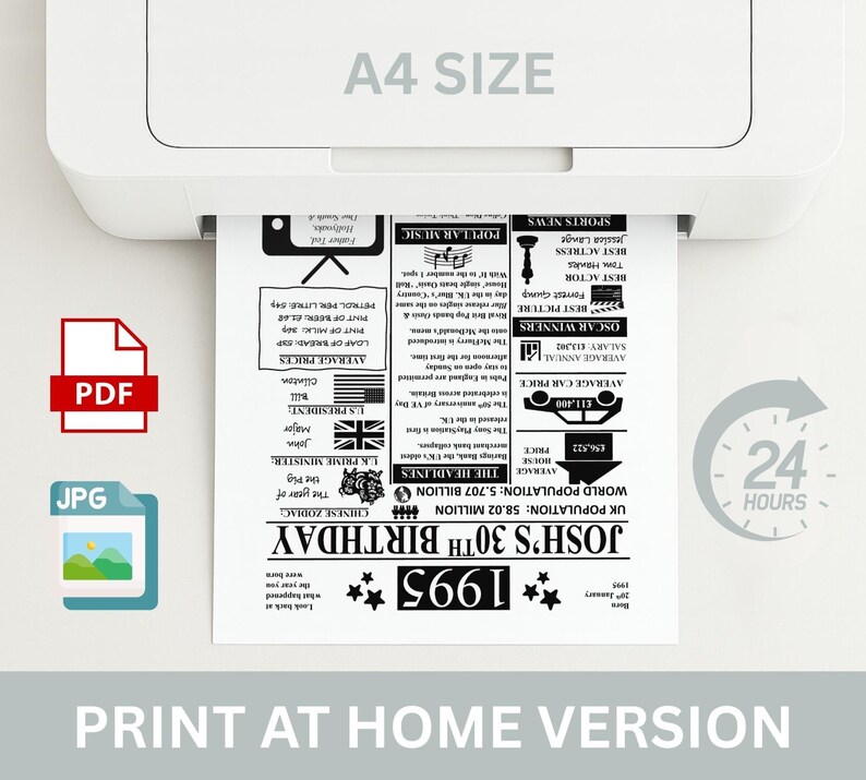 Puede incluir: Impresi&oacute;n A4 de una impresora, con un dise&ntilde;o en blanco y negro. La impresi&oacute;n incluye el texto "30 cumplea&ntilde;os de Josh 1995" y otra informaci&oacute;n. La imagen tambi&eacute;n muestra iconos PDF y JPG, y un icono de reloj de 24 horas.