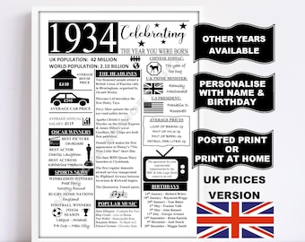 1934 the year you were born print gift UK version personalised options available birthday gift 90TH BIRTHDAY