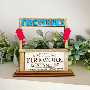Firework Stand Mini Sign – 4th of July Tiered Tray Decor – Patriotic Red White & Blue Wood Sign