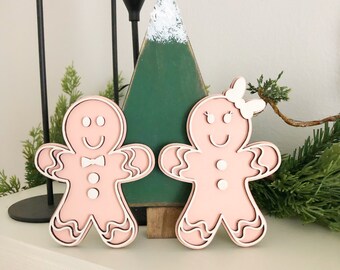Pink Gingerbread Couple: Pastel Christmas Tiered Tray Decor