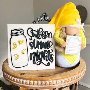 Southern Summer Nights Sign | Firefly Mason Jar Wooden Decor | Farmhouse Summer Shelf Sign for Kitchen, Porch or Tiered Trays