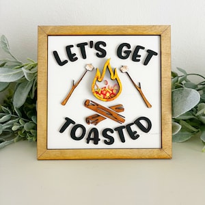 Let’s Get Toasted Campfire Sign | Funny S&#39;mores Tiered Tray Decor | Rustic Camping Shelf Sign | Summer Firepit Party Decor
