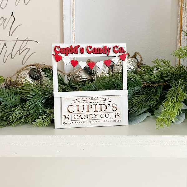 Cupids candy co  stand, tiered tray decor, Valentine’s Day cafe stand, coffee stand, Valentine’s Day decor