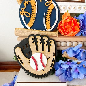 Game Day Baseball Sign Set – Mini Tiered Tray Sports Decor – Glove and Ball Wood Sign – Handmade Baseball Display for Shelf or Gift