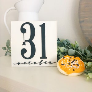 October 31 Halloween Sign – Mini Wood Tiered Tray Decor – Modern Black & White Halloween Accent