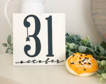 October 31 Halloween Sign – Mini Wood Tiered Tray Decor – Modern Black & White Halloween Accent