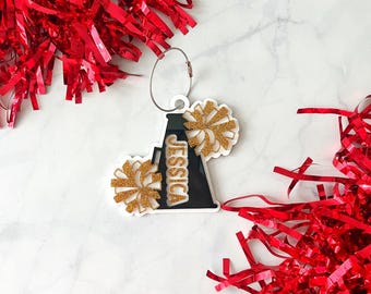 Personalized Cheer Bag Tag: Glitter Pom Poms, Acrylic Megaphone