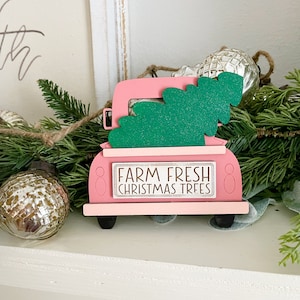 Farm fresh pink Christmas truck, Christmas tree farm theme, Christmas themed decor, pink Christmas decor