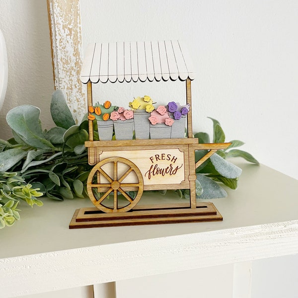 Flower market cart sign, tiered tray decor, floral sign, spring tiered tray