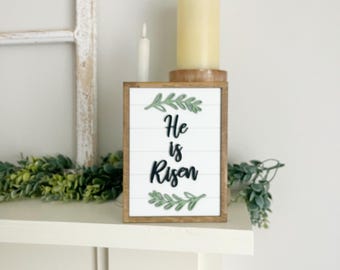 He Is Risen Framed Wood Sign – Layered Christian Easter Decor