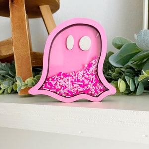 Pink Ghost Shaker Sign | Cute Halloween Decor | Pastel Spooky Tiered Tray | Girly Halloween Shelf Sitter | Kawaii Ghost Wood Sign