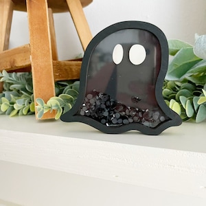 Ghost Shaker Sign – Halloween Tiered Tray Decor – Mini Ghost Shelf Sitter – Spooky Cute Haunted House Accent – Black Sequin Shaker Ghost