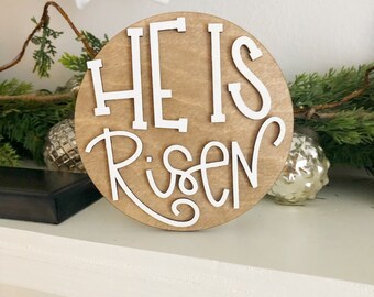 He Is Risen Sign | Easter Tiered Tray Decor, Religious Shelf Accent