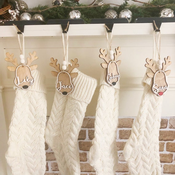 Personalized Wooden Reindeer Stocking Tags, Custom Name Christmas Ornament