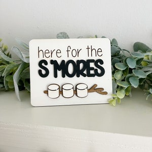 Here for the S’mores Sign – Mini Campfire Tiered Tray Decor – Marshmallow Summer Sign – Handmade Wood Camping Accent – Outdoor Party Display