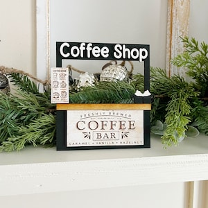 Mini Coffee Shop Sign – Tiered Tray Coffee Bar Decor – 3D Wood Espresso Stand – Caramel Vanilla Hazelnut Sign – Handmade Kitchen Accent
