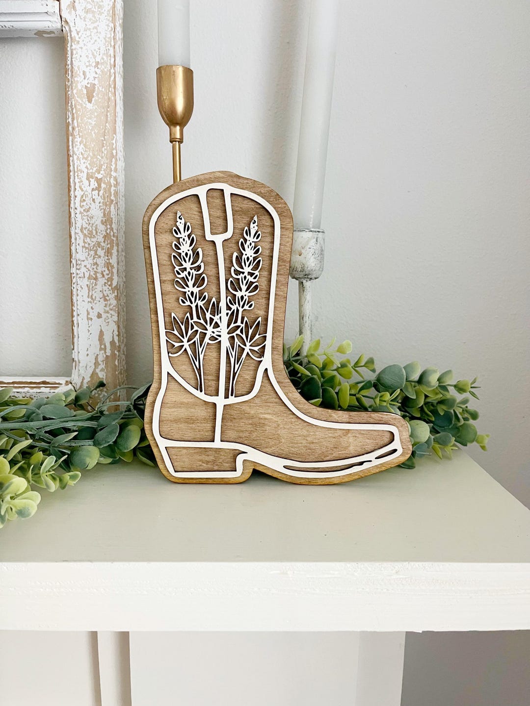 Rustic Wooden Cowboy Boot Sign With Floral Cutout | Western Farmhouse ...