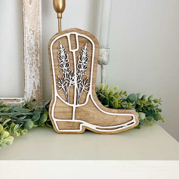 Rustic Wooden Cowboy Boot Sign with Floral Cutout | Western Farmhouse Decor | Country Style Shelf Sitter | Handmade Wood Layered Art
