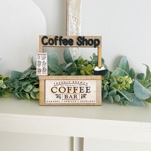 Mini Coffee Shop Sign – Rustic Coffee Bar Decor – Laser Cut Tiered Tray Insert – Caramel Vanilla Hazelnut Café Stand