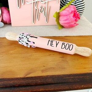 Hey Boo Mini Rolling Pin – Halloween Tiered Tray Decor – Pink Ghost Kitchen Accent
