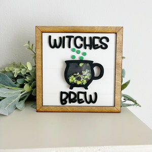 Witches Brew Halloween Shaker Sign | Mini Wood Cauldron Sign | Tiered Tray Halloween Decor | Witch Kitchen Sign | Spooky Season Decor