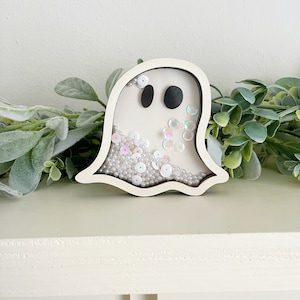 Ghost Shaker Sign | Cute Halloween Ghost Decor | Mini White Ghost Tiered Tray Sign | Boo Season Shelf Sitter | Halloween Wood Sign